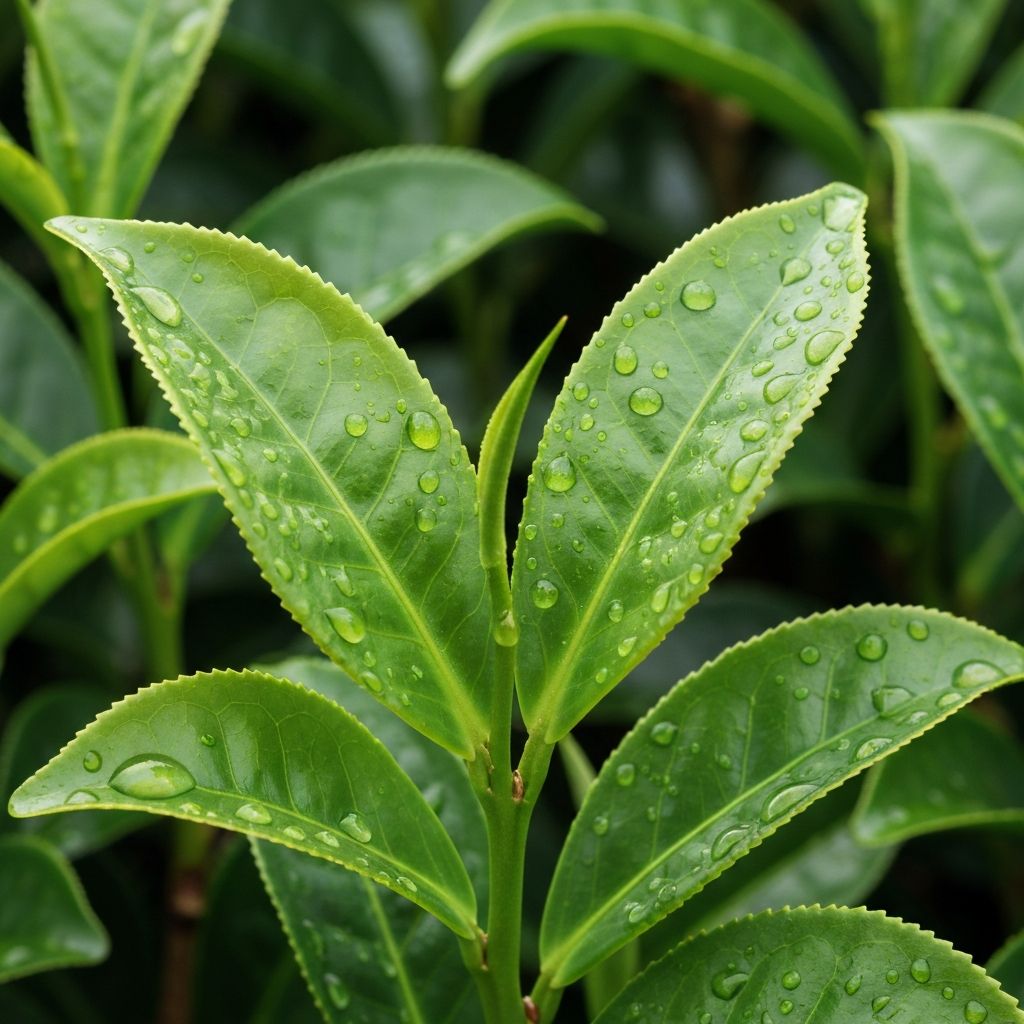 Fresh green tea leaves in natural light