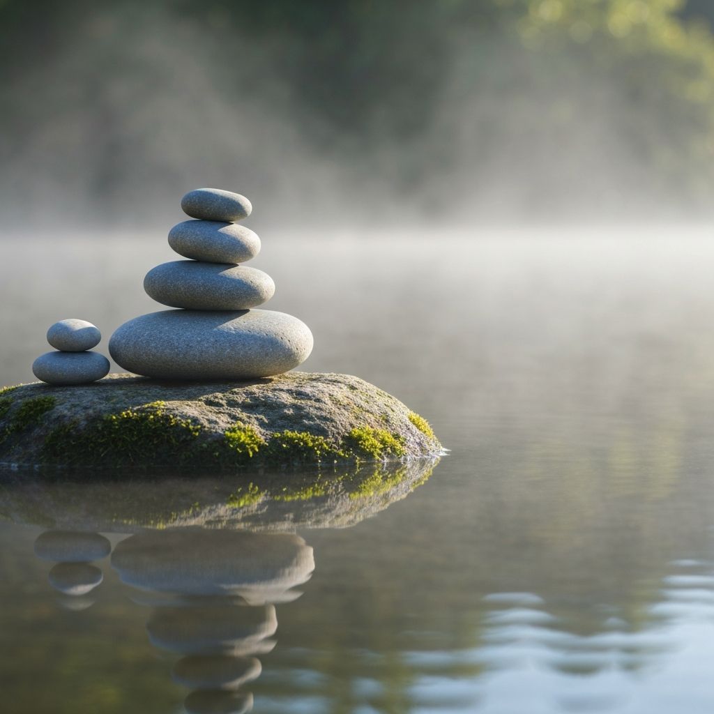 Zen meditation setup with balanced stones